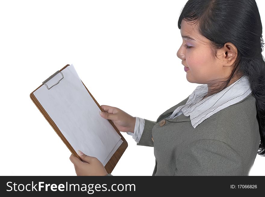 Asian business woman hold paperboard isolated over white background. You can put your text on the paper.