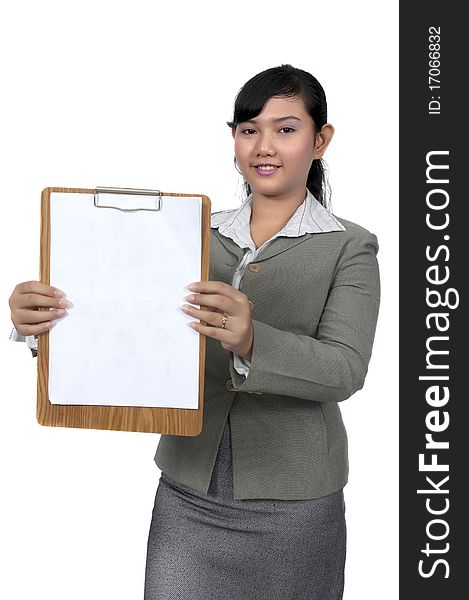 Asian business woman hold paperboard isolated over white background. You can put your text on the paper.