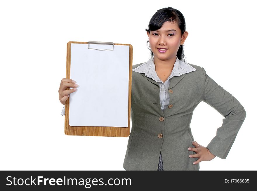 Asian business woman hold paperboard isolated over white background. You can put your text on the paper.