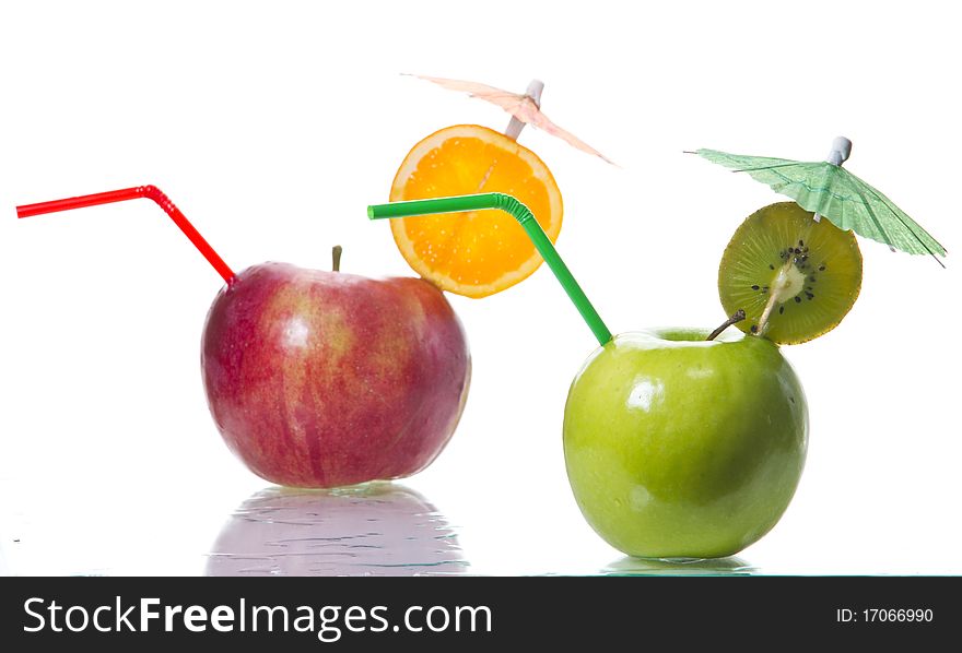 Apple with straw on white background. Apple with straw on white background