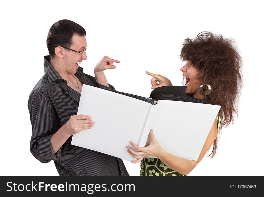 Guy And The Girl Look The Book Isolated On A White