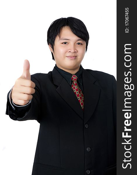 Business man give thumbs isolated over white background