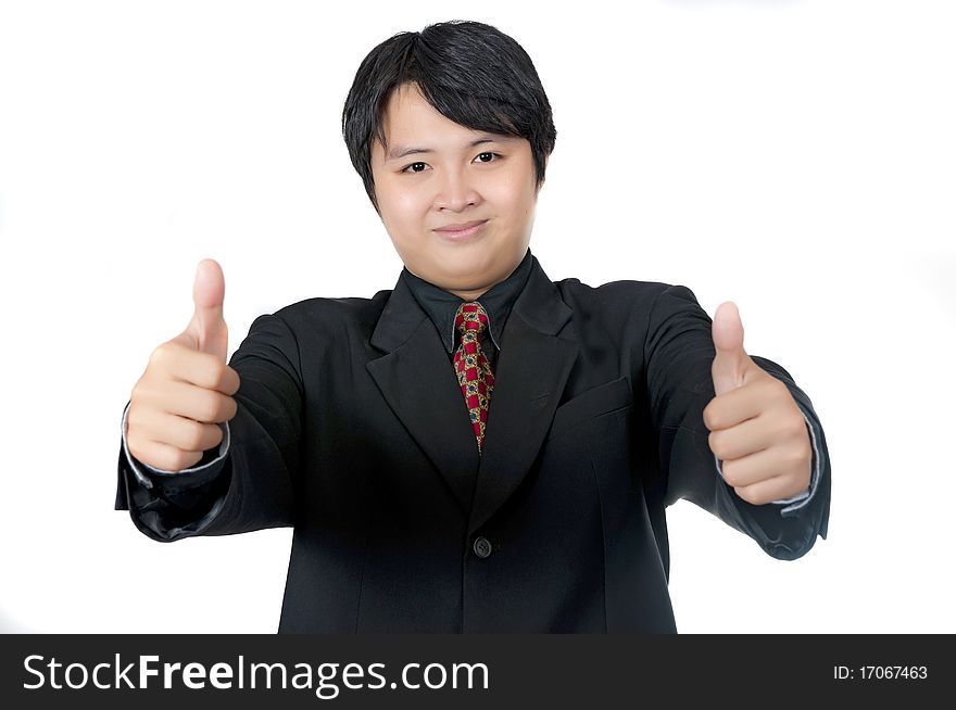 Business man give thumbs isolated over white background