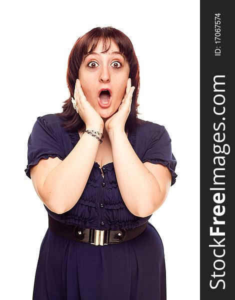 Shocked Young Caucasian Woman with Hands on Face Isolated on a White Background.