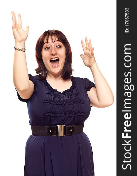 Happy Young Caucasian Woman with Hands in the Air Isolated on a White Background.