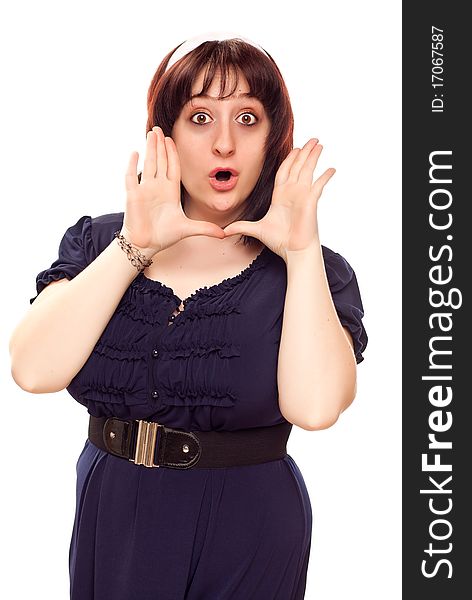 Expressive Young Caucasian Woman with Hands Framing Face Isolated on a White Background. Expressive Young Caucasian Woman with Hands Framing Face Isolated on a White Background.