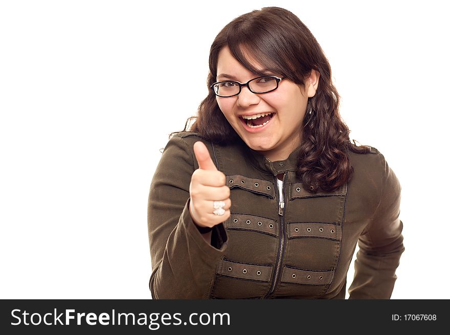 Excited Young Caucasian Woman With Thumbs Up Isolated on a White Background. Excited Young Caucasian Woman With Thumbs Up Isolated on a White Background.