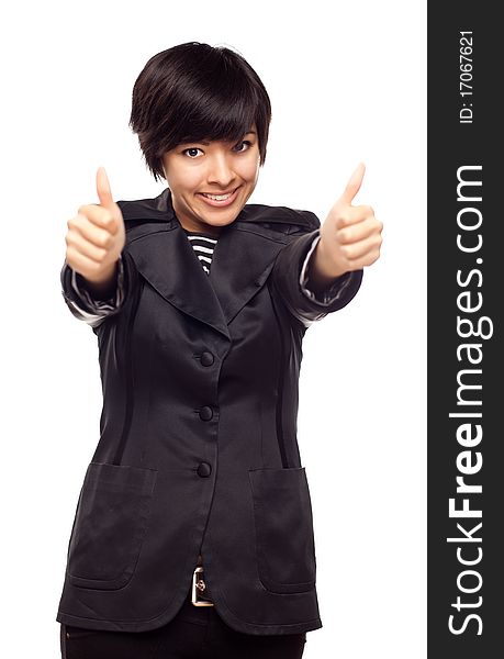 Happy Young Mixed Race Woman With Two Thumbs Up Isolated on a White Background.