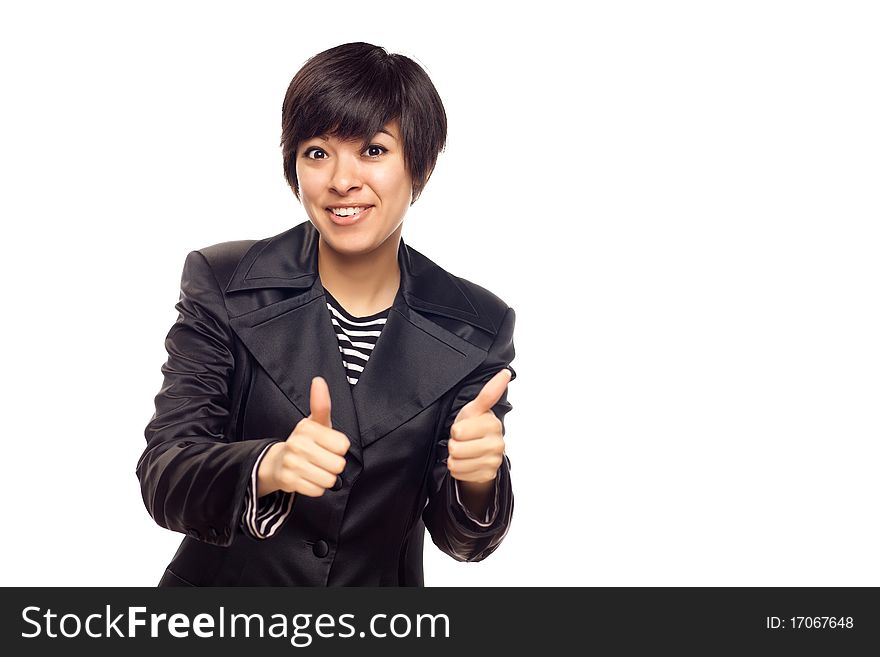 Happy Young Mixed Race Woman With Two Thumbs Up Isolated on a White Background. Happy Young Mixed Race Woman With Two Thumbs Up Isolated on a White Background.