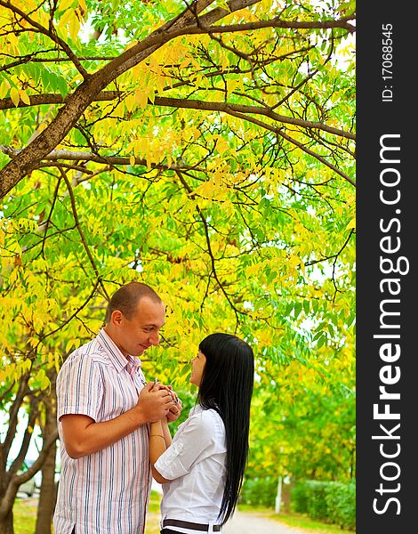 Young lovely couple walking in the park