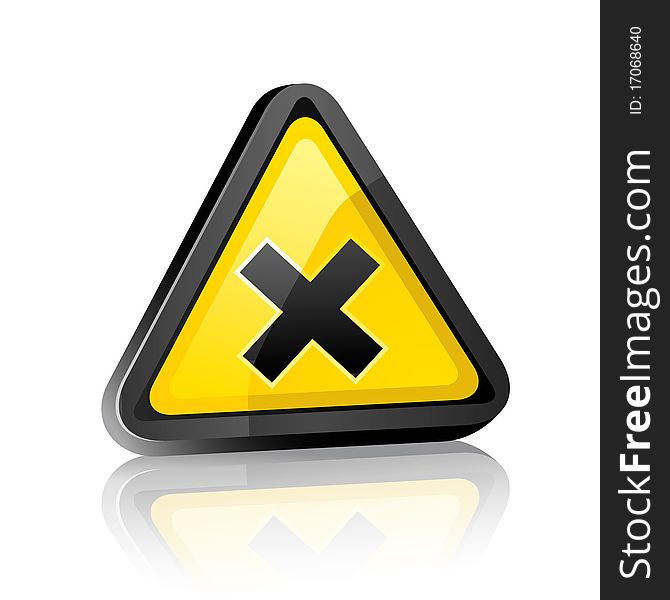 Three-dimensional Hazard warning sign with irritant symbol on white background with reflection