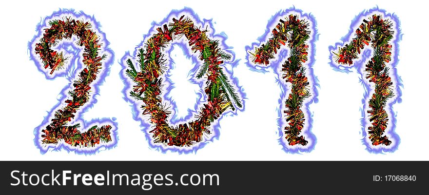 The number of two thousand and eleven of fir branches, red and gold tinsel, surrounded by a halo of blue isolated on white background. The number of two thousand and eleven of fir branches, red and gold tinsel, surrounded by a halo of blue isolated on white background
