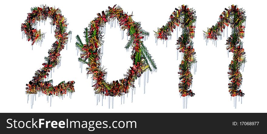 The number of two thousand and eleven of fir branches, red and gold tinsel with icicles isolated on a white background. The number of two thousand and eleven of fir branches, red and gold tinsel with icicles isolated on a white background