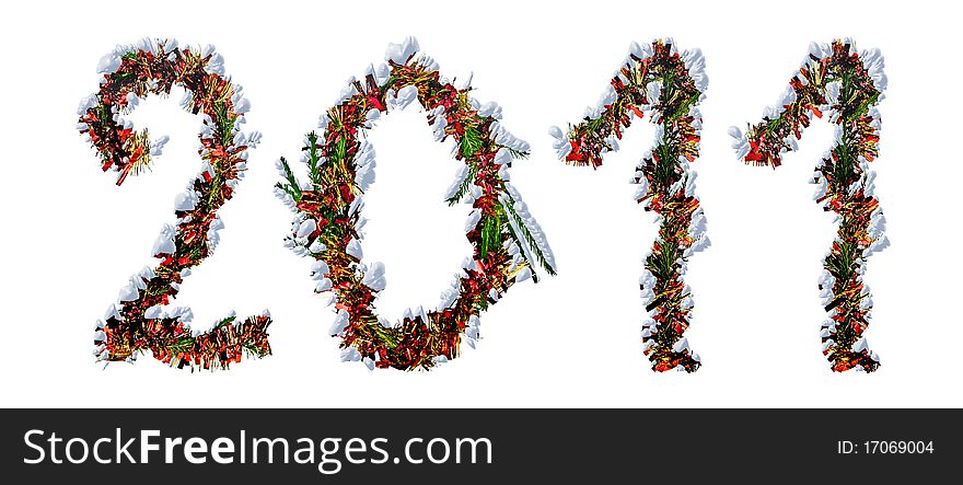 The number of two thousand and eleven of fir branches, red and gold tinsel and snow isolated on a white background. The number of two thousand and eleven of fir branches, red and gold tinsel and snow isolated on a white background