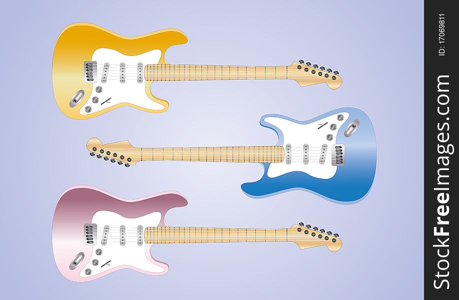 Collection of 3 electronic guitars on light background. Collection of 3 electronic guitars on light background