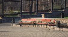 Wooden Benches In A City Park Stock Photo Wooden Benches In A City Park Stock Photo