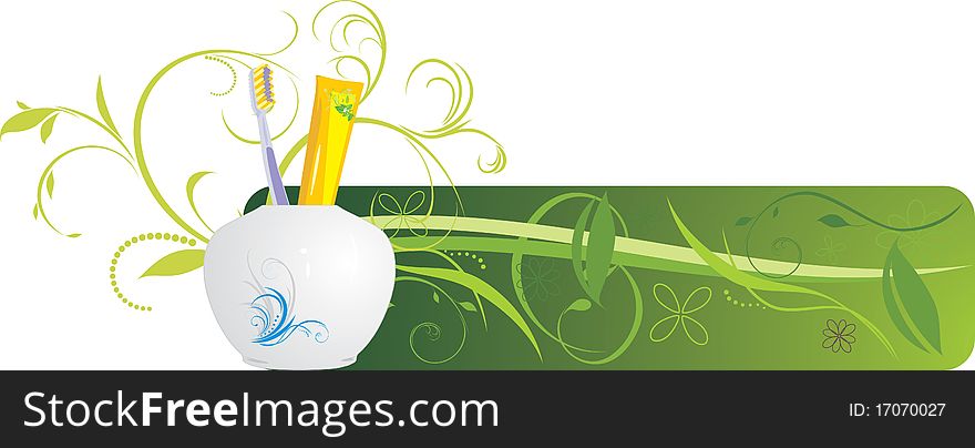 Tooth brush and paste. Decorative banner