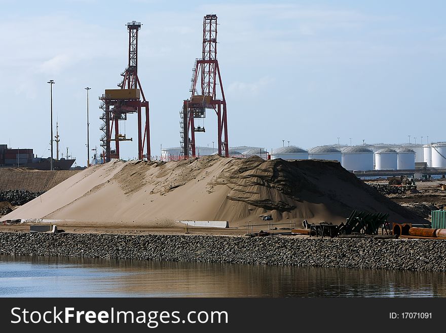 Large container cranes at port.