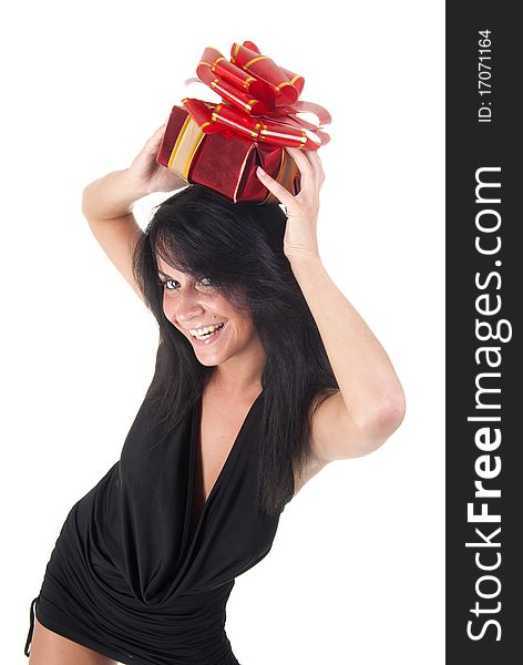 Happy beautiful lady holding her gift