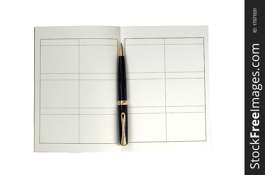 Writing book with black pen isolated on the white background