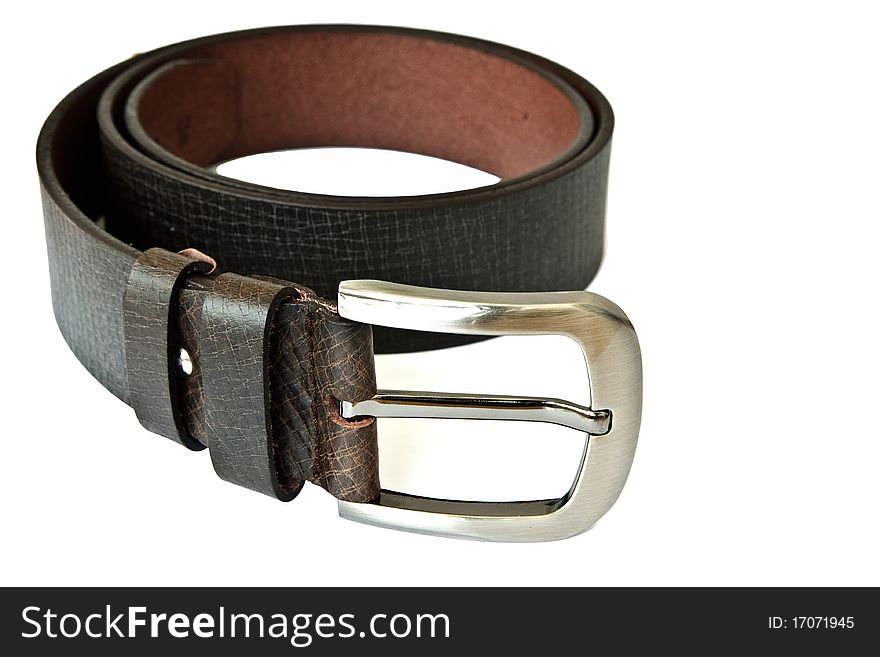 Men's leather belt on white background