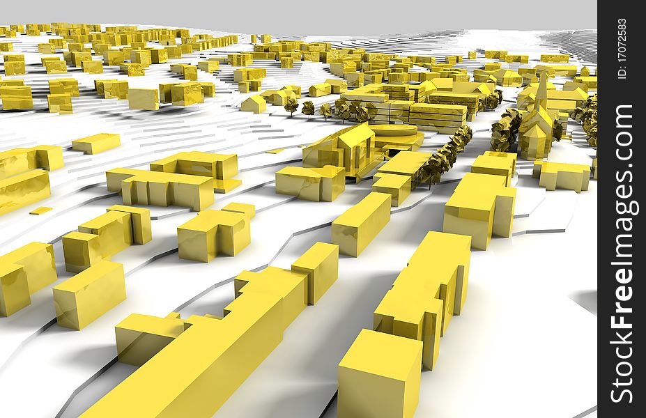 Rendered city model with trees in gold. Rendered city model with trees in gold