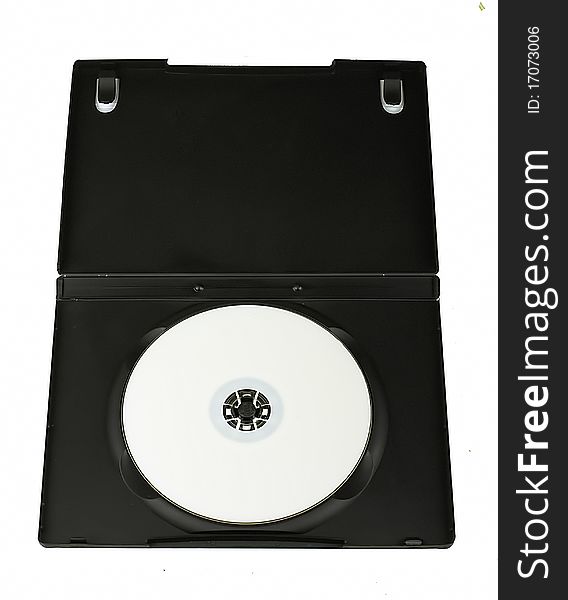 White DVD disc in the black box on the white background