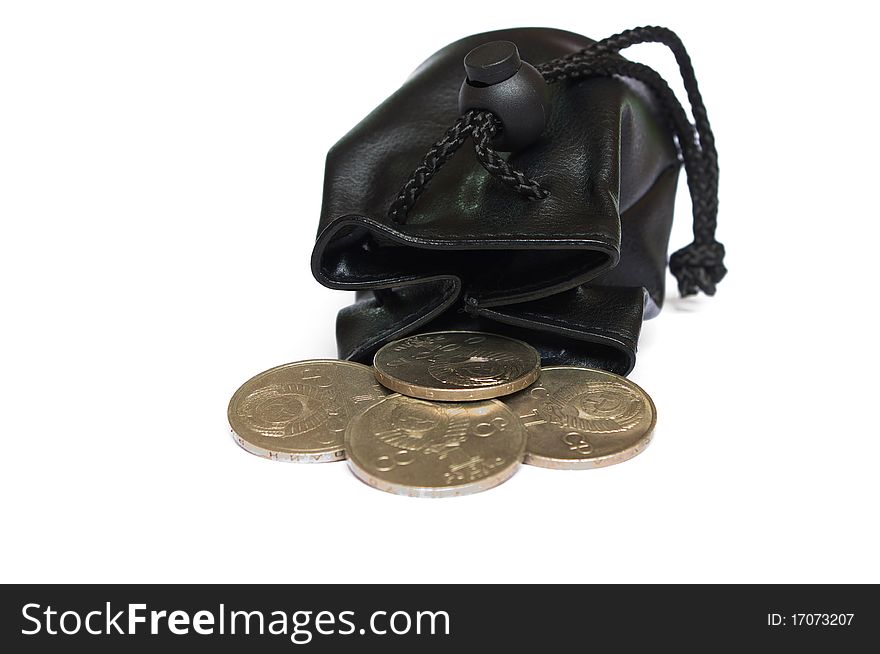 Photo of the purse with coins on white background