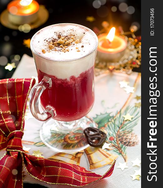 Hot winter drink with cream. Christmas decoration on background. Hot winter drink with cream. Christmas decoration on background