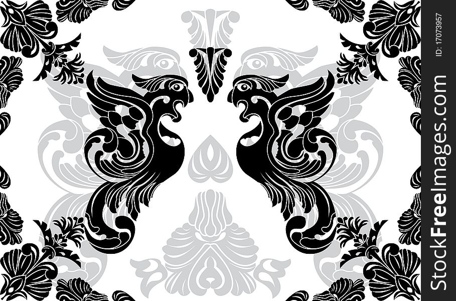 Phoenix stencil and decorative framework, illustration for design