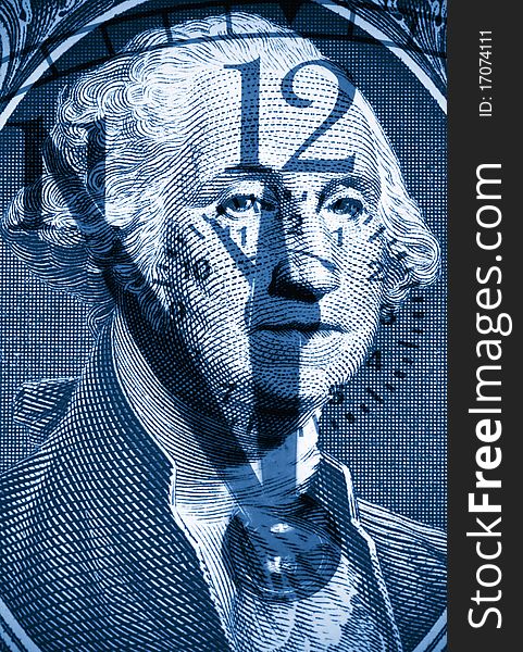 George Washington from US one dollar on the background of clock hands, dual tone