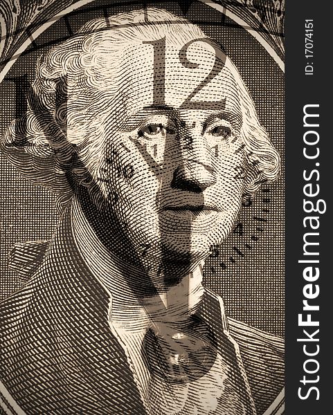 George Washington from US one dollar on the background of clock hands