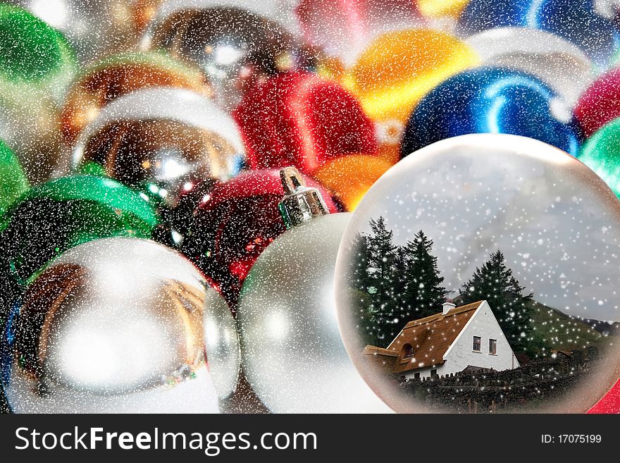 A concept of i wishing to be at home for christmas with a selection of christmas balls and baubles