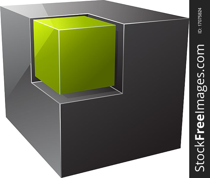 Black cube with small green one. Black cube with small green one.