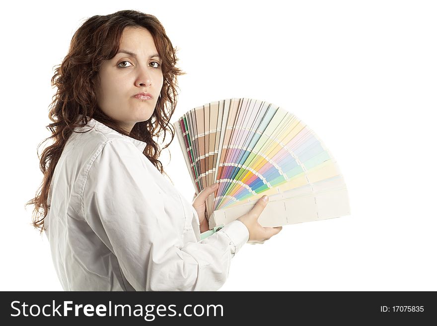 Woman in Doubt with Color Swatch, Isolated on White