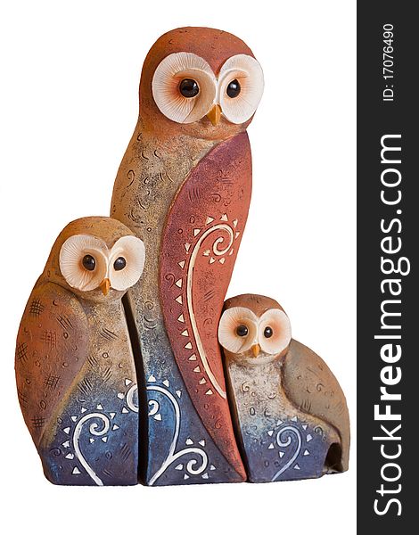 3 Owls statuette on white background and clipping path. 3 Owls statuette on white background and clipping path