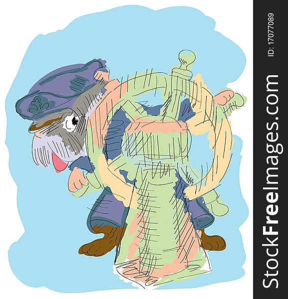 The dog the captain holds a steering wheel and operates the ship in an illustration