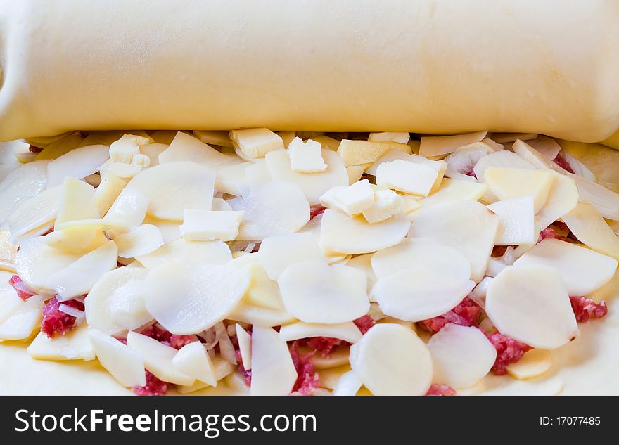 Raw meat pie is ready to bake in oven stove