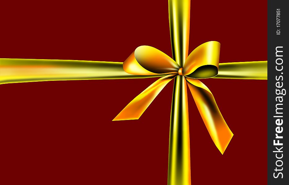 A golden ribbon with a knot isolated on red. A golden ribbon with a knot isolated on red