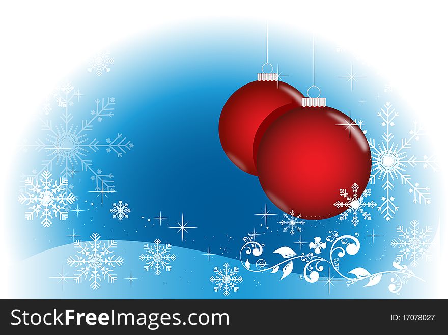 Winter illustration with two red Christmas balls on a blue sparkling background with shining stars and snowflakes. Winter illustration with two red Christmas balls on a blue sparkling background with shining stars and snowflakes.