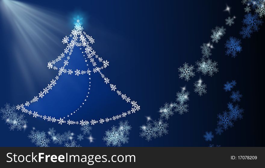 Blue background with christmas tree and snowflakes