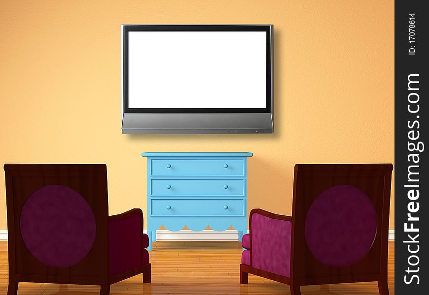 Two chairs opposite wooden bedside with the lcd tv in minimalist interior