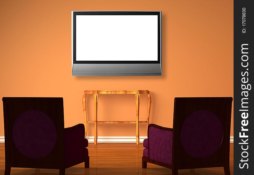 Two luxurious chairs with wooden console and the lcd tv in minimalist interior. Two luxurious chairs with wooden console and the lcd tv in minimalist interior