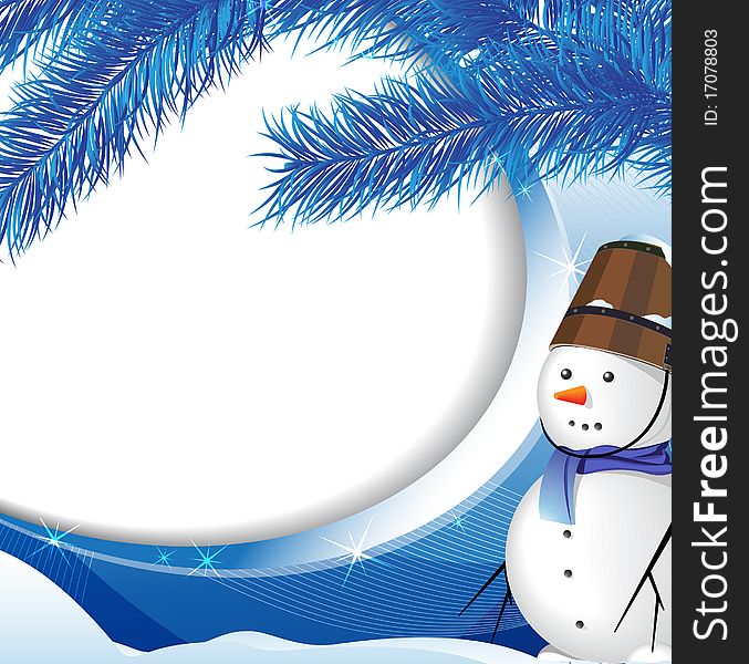 Snowman on the background of snow-covered fir. Snowman on the background of snow-covered fir