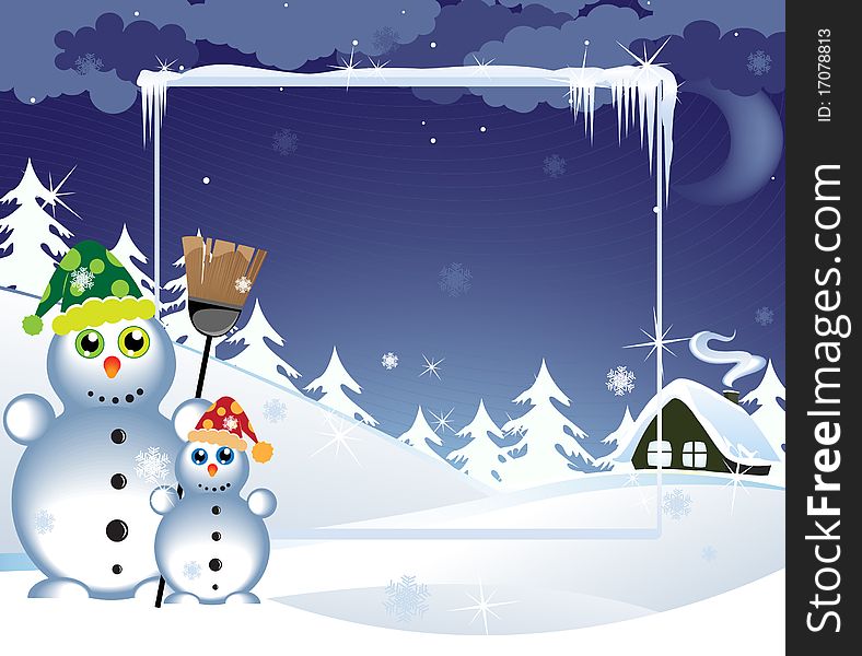 Two snowmen in the bright hats near a lonely hut. Two snowmen in the bright hats near a lonely hut