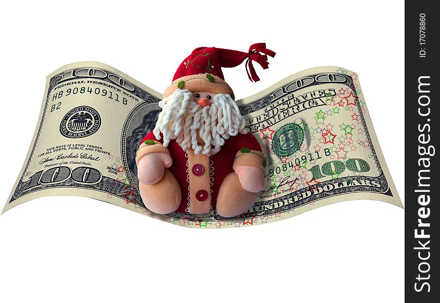 Santa flies on a magic carpet ride of dollars. Santa flies on a magic carpet ride of dollars