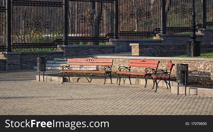 Wooden benches in a city park