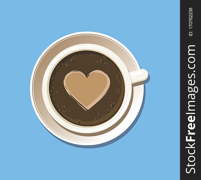 Cup of espresso with latte art heart top view. Cappuccino coffee mug on white saucer with etching pattern. Isolated on sky blue background. Vector eps8 illustration. Cup of espresso with latte art heart top view. Cappuccino coffee mug on white saucer with etching pattern. Isolated on sky blue background. Vector eps8 illustration