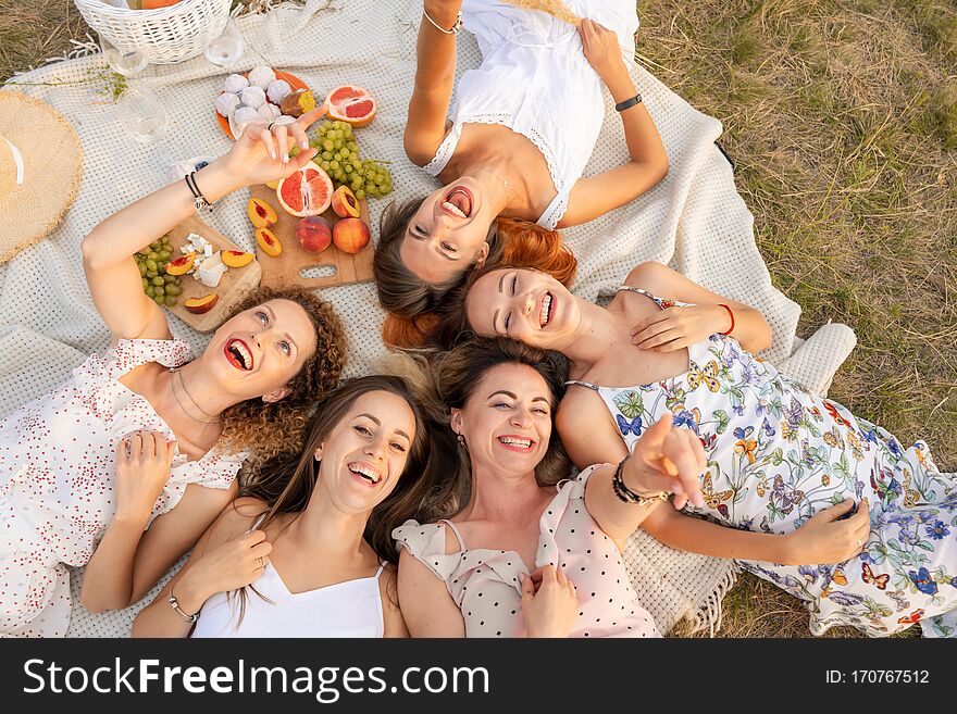 View from above. Company of beautiful girlfriends have fun and enjoy a picnic outdoors.