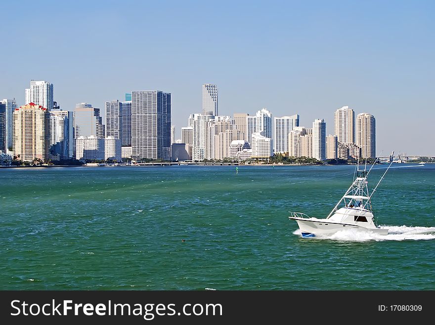 Condos And Sport Fishingboat On Biscayne Bay